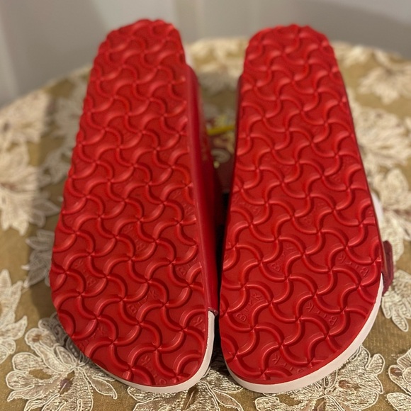 Iridescent Red Leather Birkenstocks w/Pink Fur Sandals size 38 N Furry Slippers - Picture 4 of 5